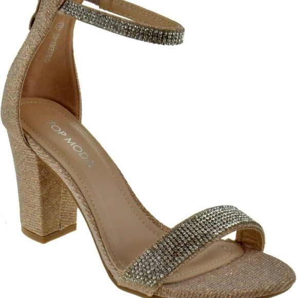 Womens Chunky Heel Single Band Platform Rhinestone Dress Sandals Rose Gold 8 - Picture 1 of 8